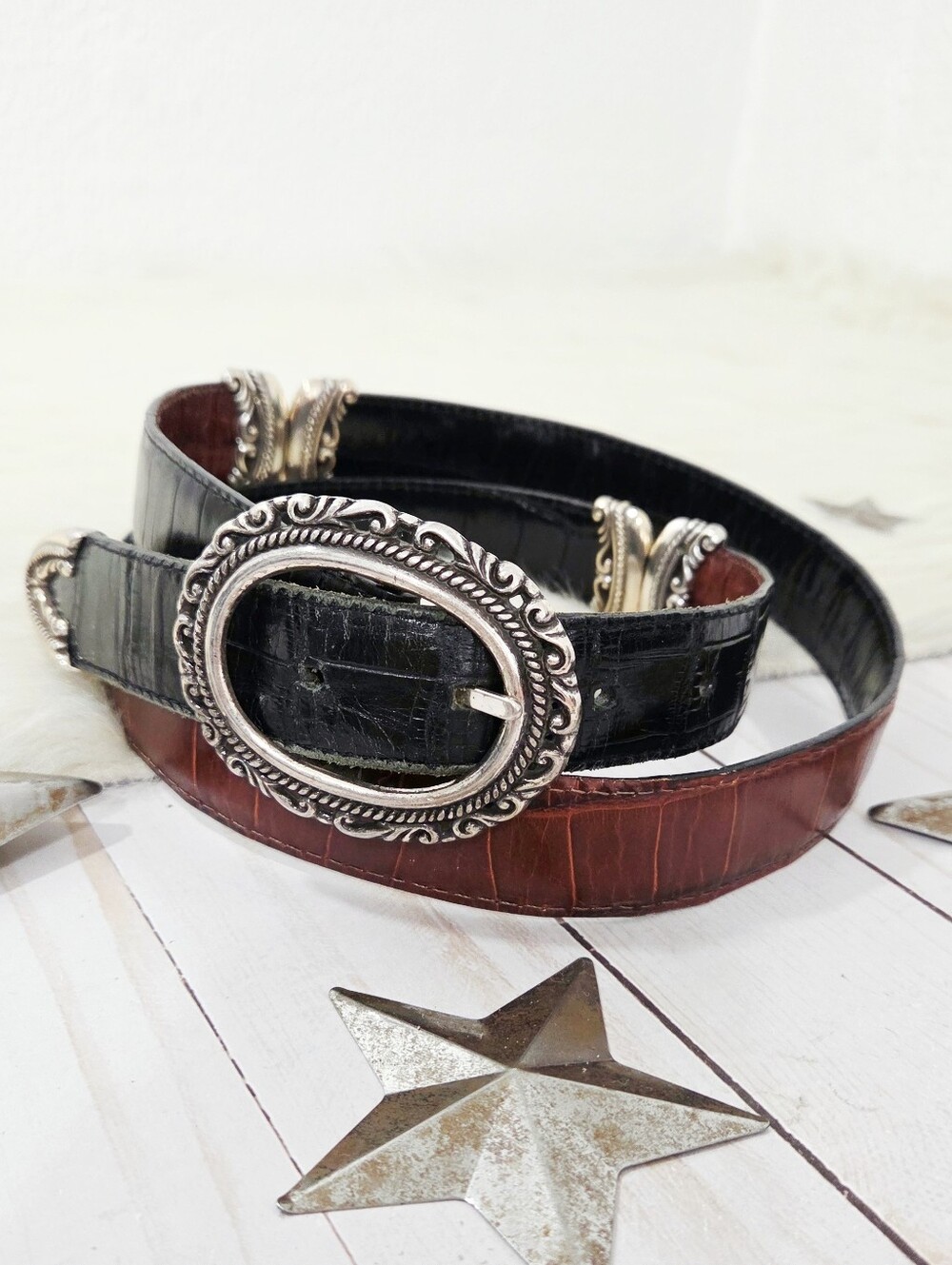 Brighton two-tone reversible leather belt black brown silver women's size XL